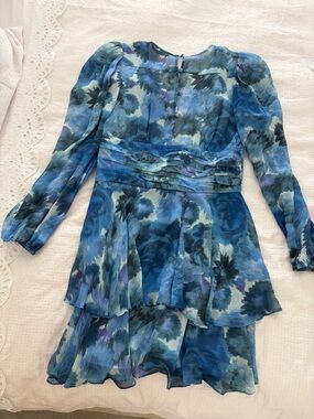 LoveShackFancy Blue Floral Tiered Mini Dress with Puff Sleeves